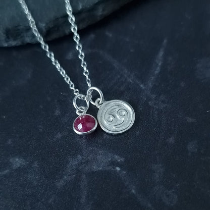 Cancer Zodiac Ruby Birthstone Necklace for Women - Silver Astrology and July Birthday Gift