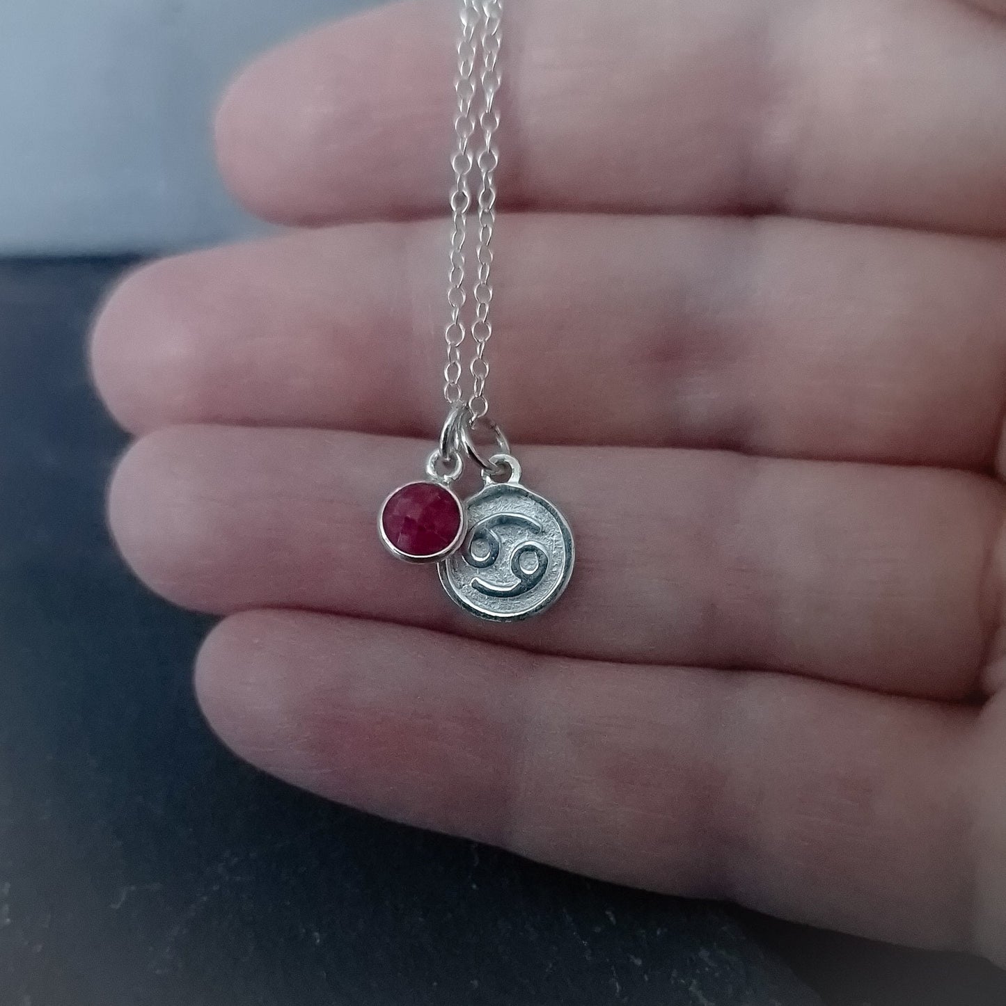 Cancer Zodiac Ruby Birthstone Necklace for Women - Silver Astrology and July Birthday Gift