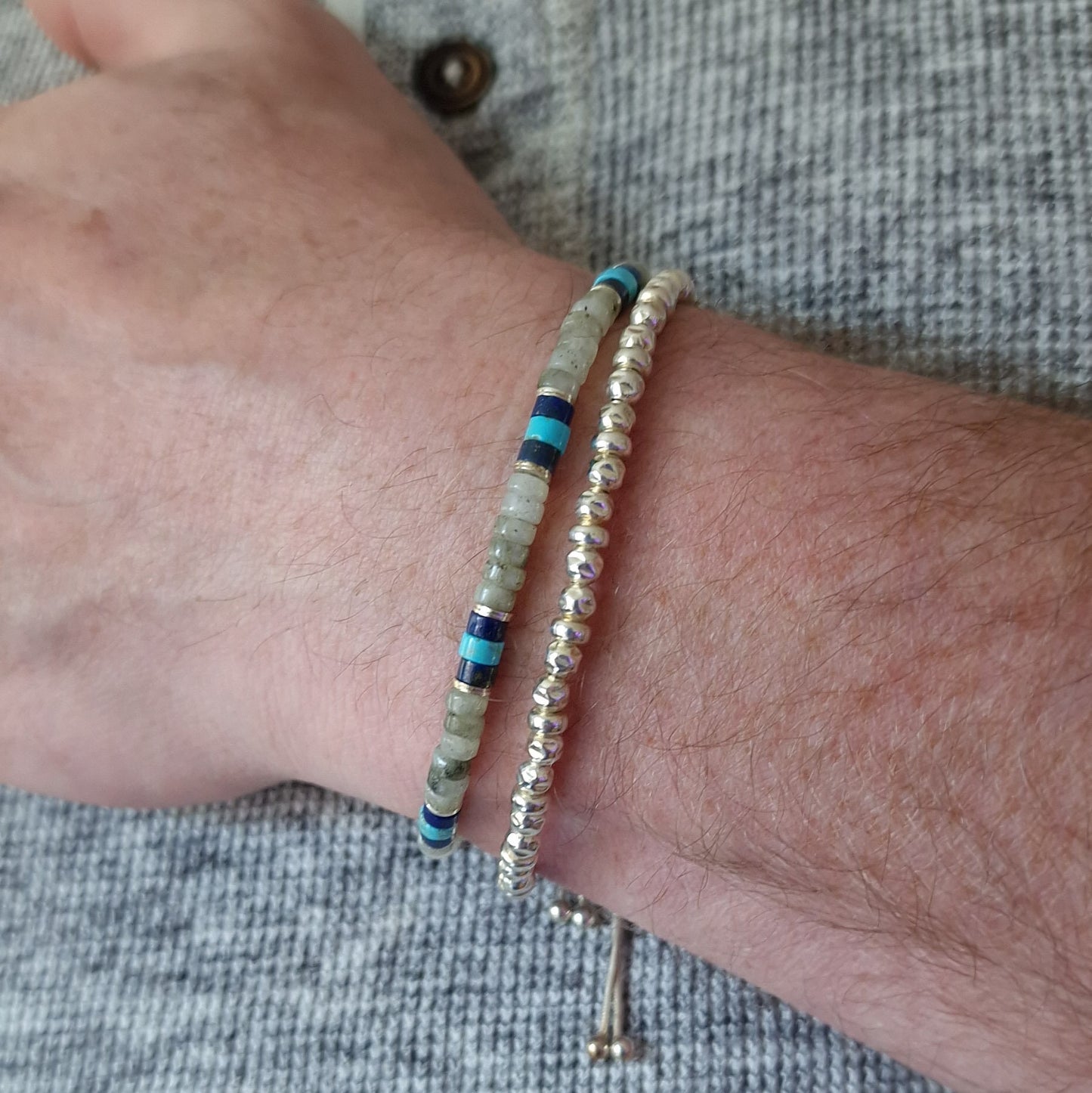 Turquoise mens sterling silver bracelet stack set of two