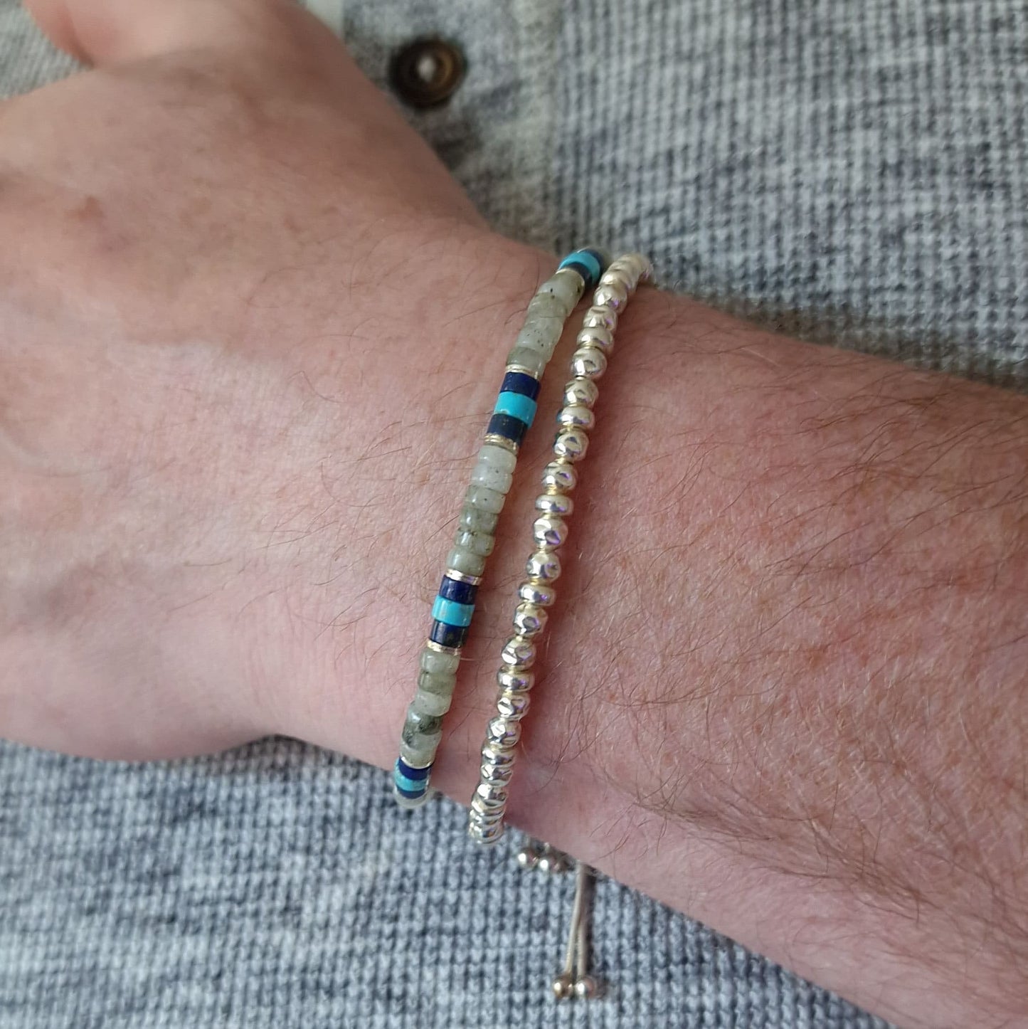 Mens Turquoise Sterling Silver Bracelet Stack Set - Stacking  Beaded Stone Bracelets for Him