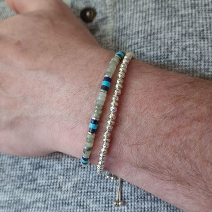 Mens Turquoise Sterling Silver Bracelet Stack Set - Stacking  Beaded Stone Bracelets for Him