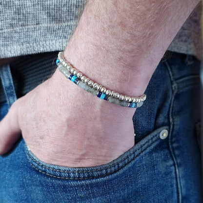 Turquoise mens sterling silver bracelet stack set of two