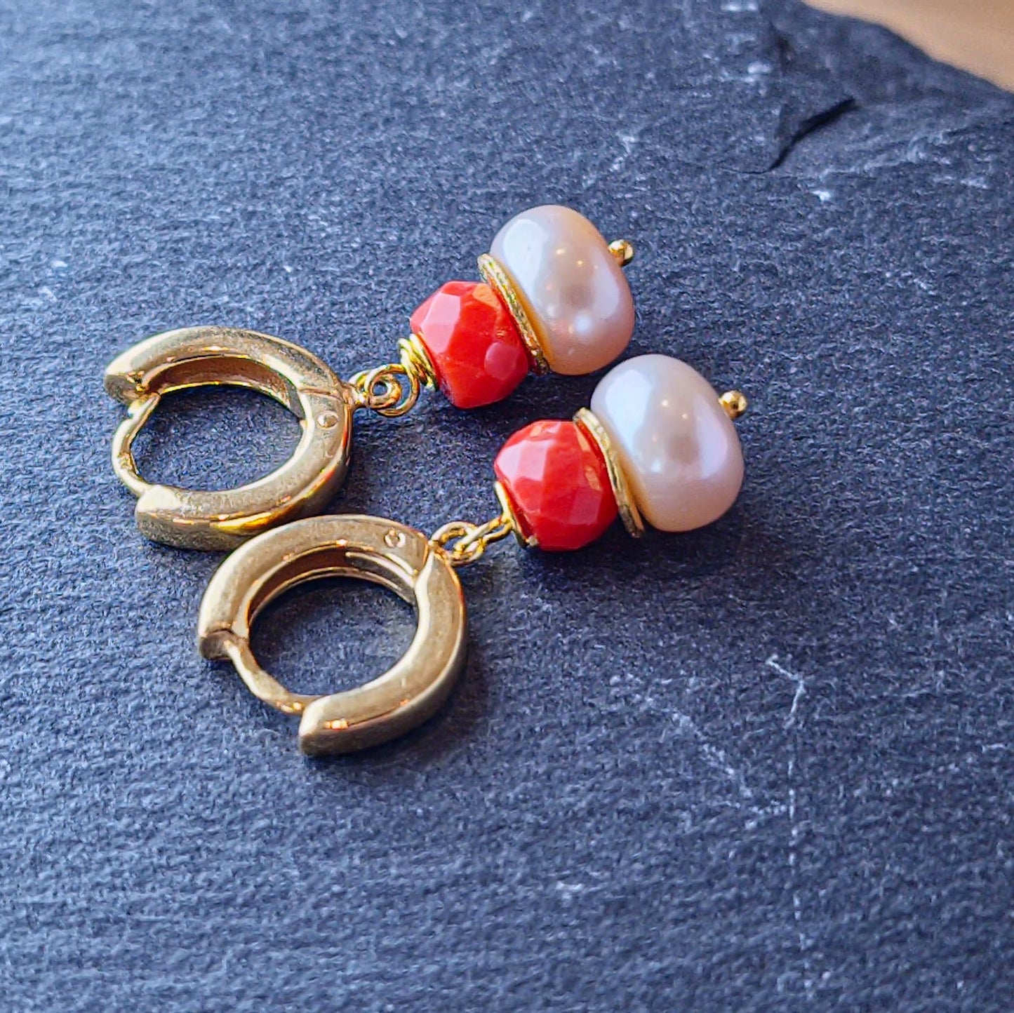 Blush Pearl and Coral Huggie Hoop Earring Gold Vermeil