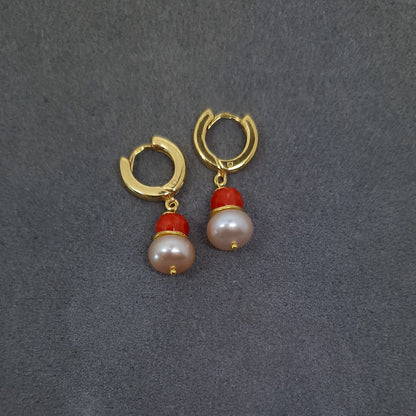 Blush Pearl and Coral Huggie Hoop Earring Gold Vermeil