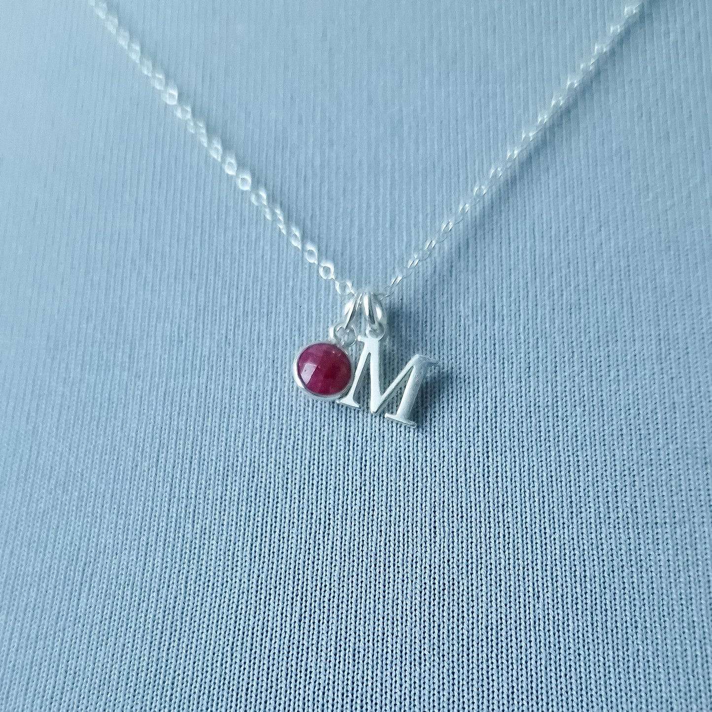 marienicolebijoux Sterling Silver Ruby Birthstone Initial Necklace July