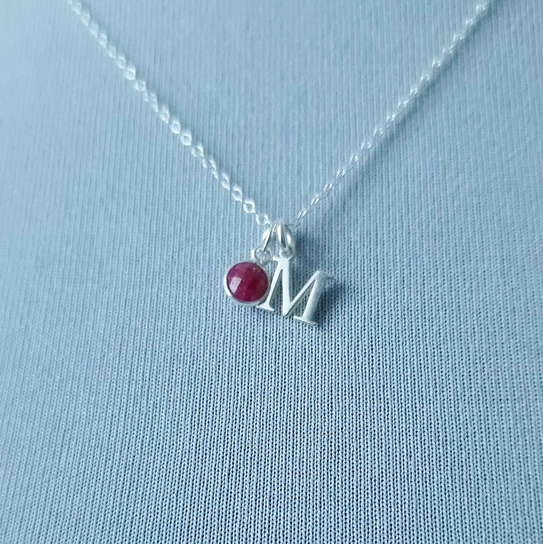 marienicolebijoux Sterling Silver Ruby Birthstone Initial Necklace July