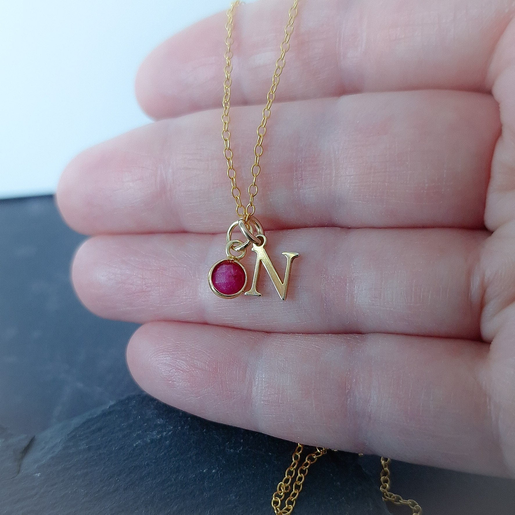 marienicolebijoux Personalized Gold Initial Ruby Necklace July Birthstone Pendant