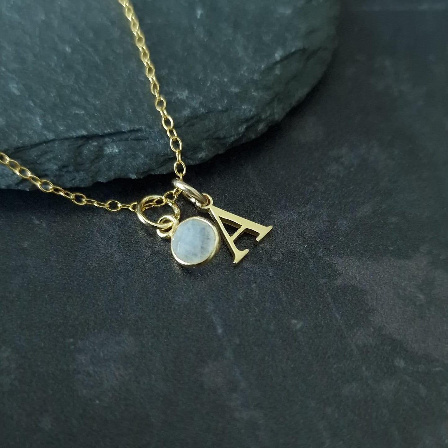 Gold Initial birthstone moonstone necklace in gold vermeil, June birthstone necklace, Gemini gifts