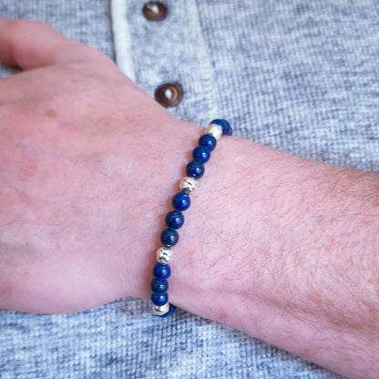 Lapis Lazuli beaded sterling silver gemstone bracelet for men