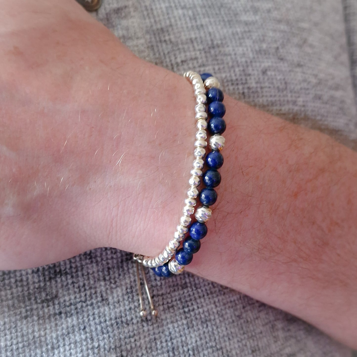 Mens sterling silver bracelet stack set of two, Lapis Lazuli beaded bracelet men, sterling silver stacking bracelet men's stone bracelet