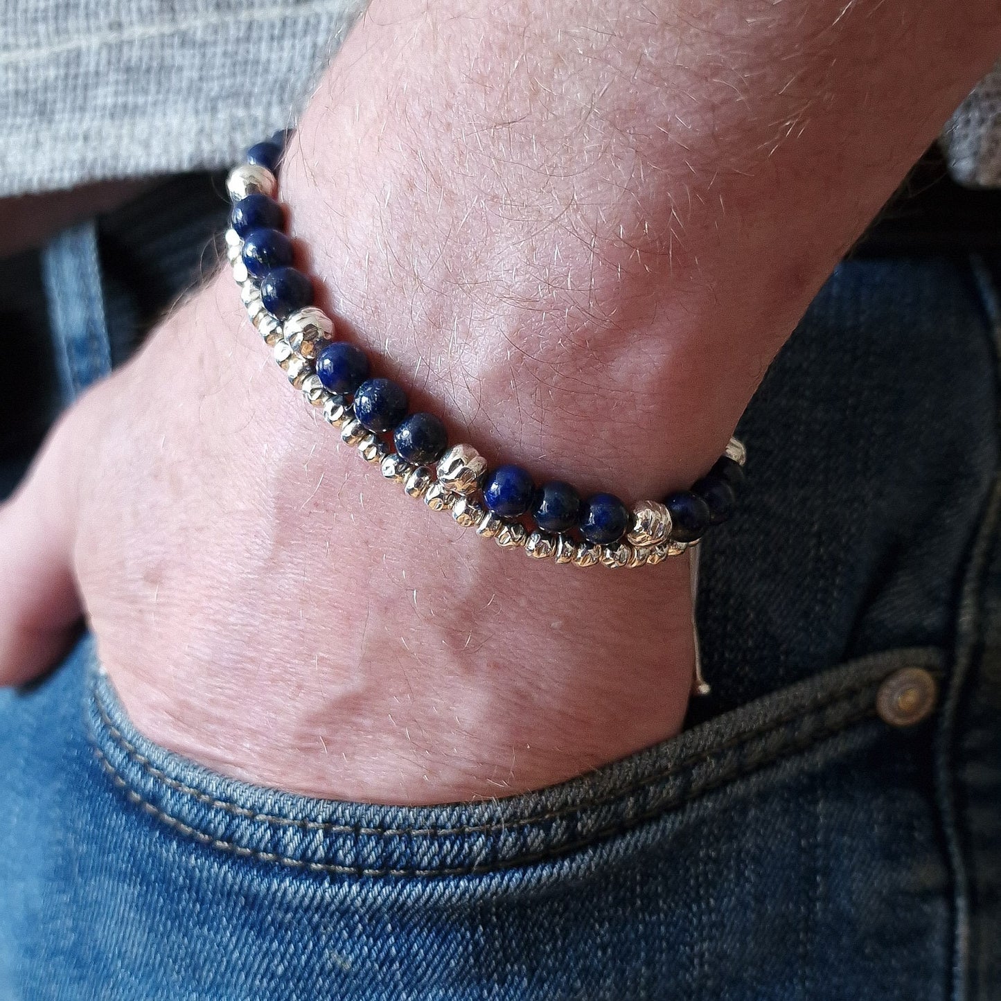 Close up of Mens sterling silver bracelet - stack of two