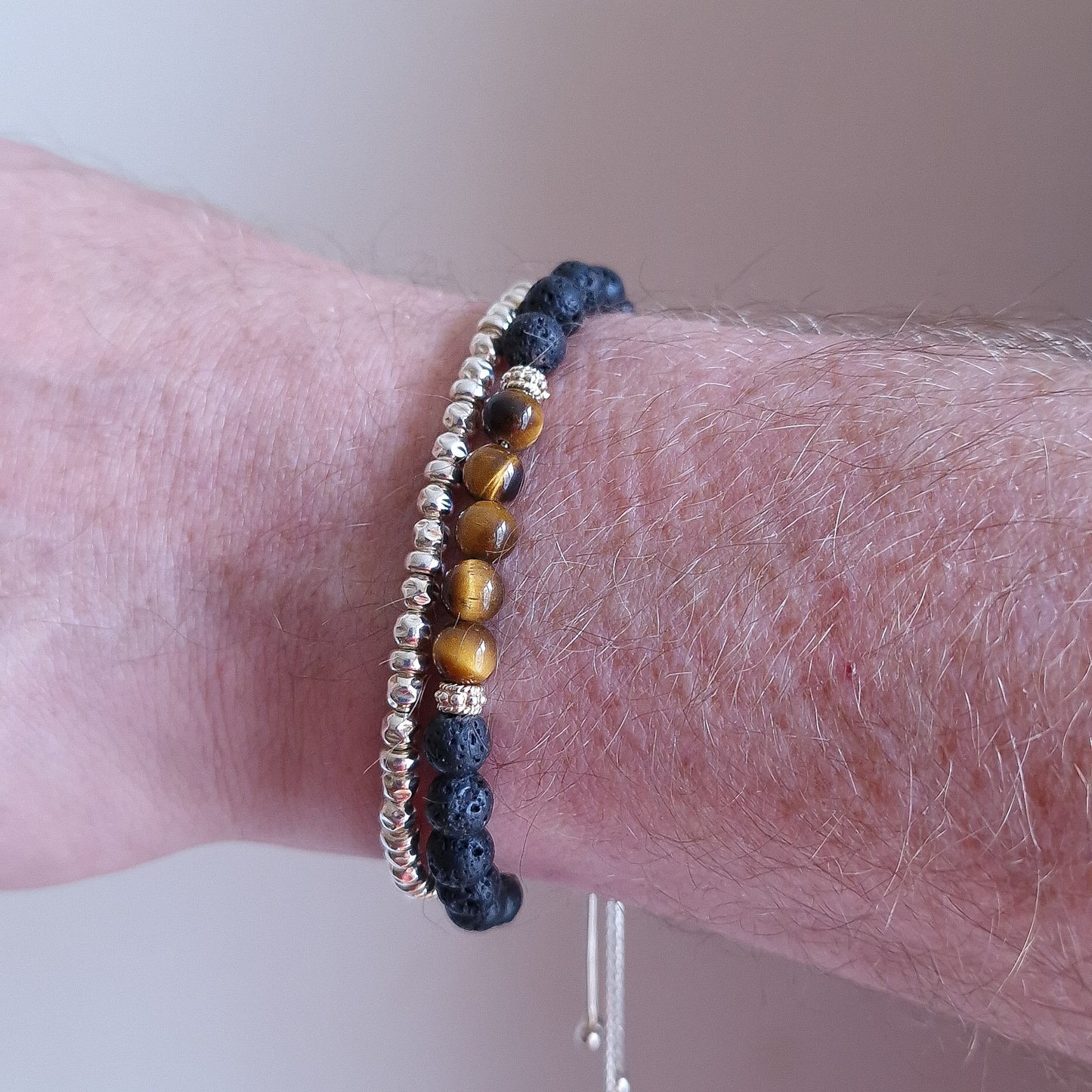 Mens Sterling Silver Bracelet Set - Tigers Eye Beaded Stone Bracelet Stack - Gift for Him