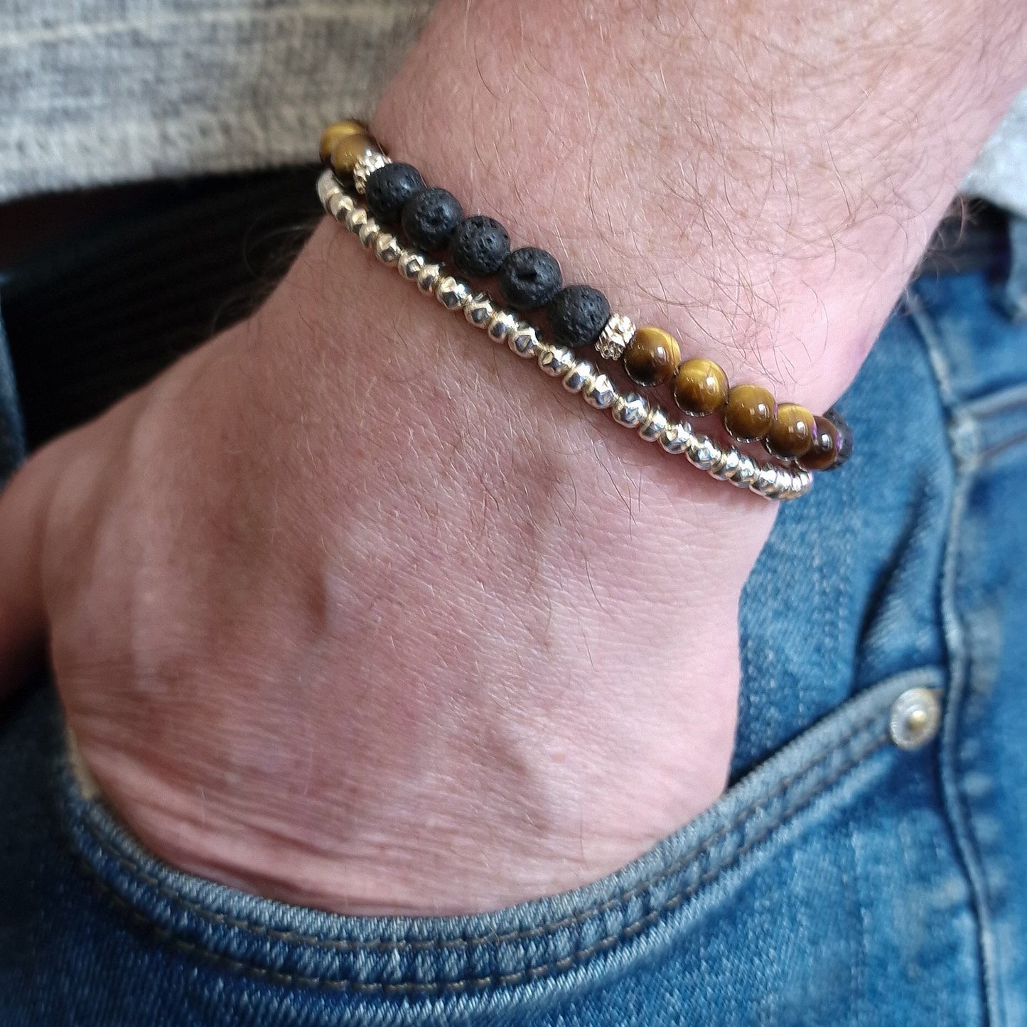 Mens Sterling Silver Bracelet Set - Tigers Eye Beaded Stone Bracelet Stack - Gift for Him