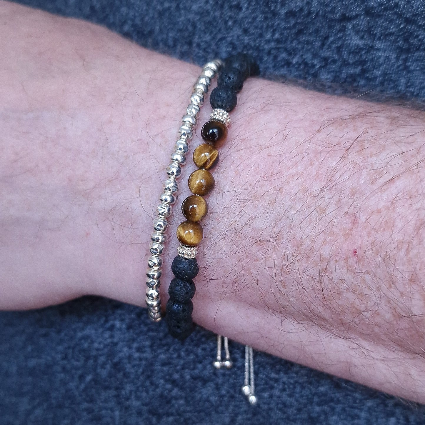 Mens Sterling Silver Bracelet Set - Tigers Eye Beaded Stone Bracelet Stack - Gift for Him