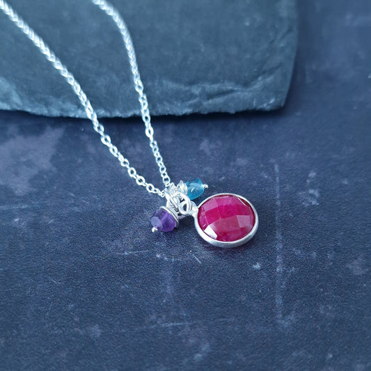 Ruby silver pendant necklace with amethyst and apatite accent beads