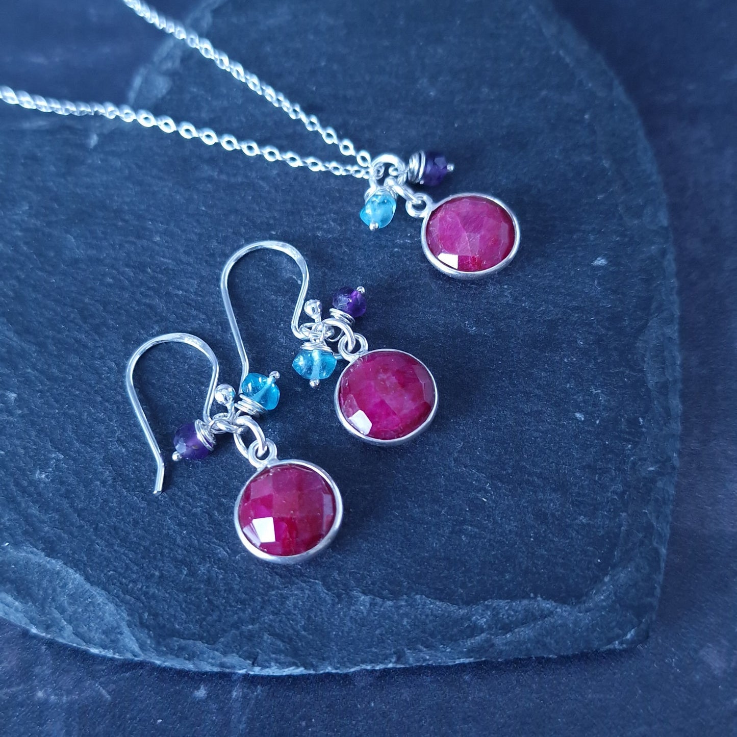 Ruby Birthstone Jewellery Set Sterling Silver Earrings and Necklace - Perfect Gift for Wife July Birthday or Ruby Wedding Anniversary