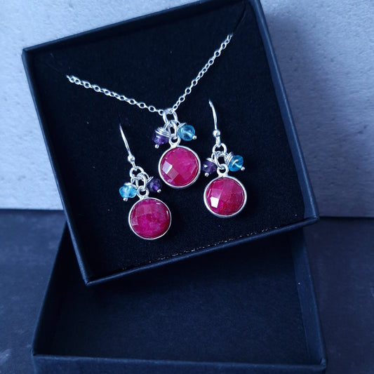 Ruby Birthstone Jewellery Set Sterling Silver Earrings and Necklace - Perfect Gift for Wife July Birthday or Ruby Wedding Anniversary