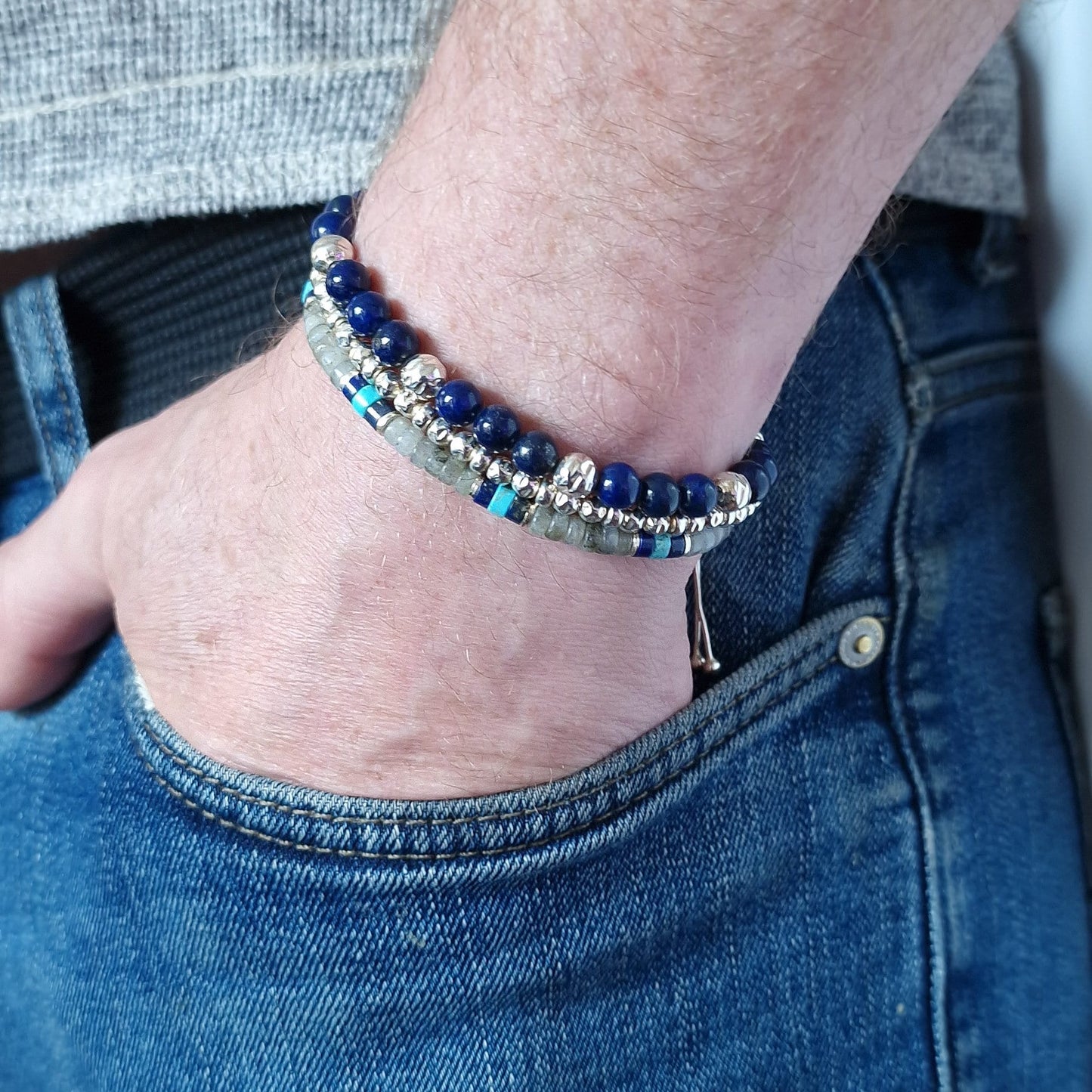 Luxury Mens Sterling Silver Bracelet Set with Turquoise Lapis and Labradorite Stones - Three Piece Stack