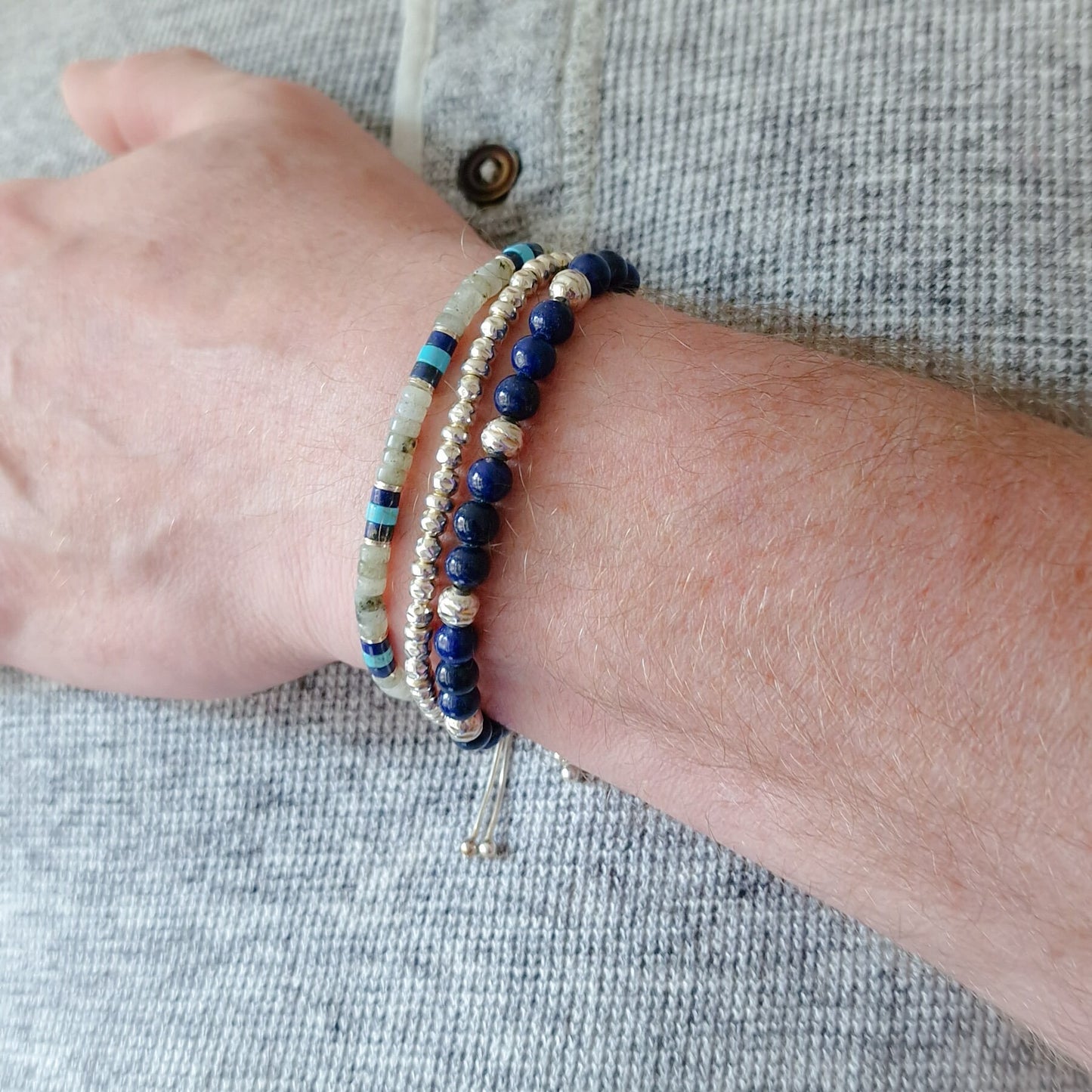 Luxury Mens Sterling Silver Bracelet Set with Turquoise Lapis and Labradorite Stones - Three Piece Stack