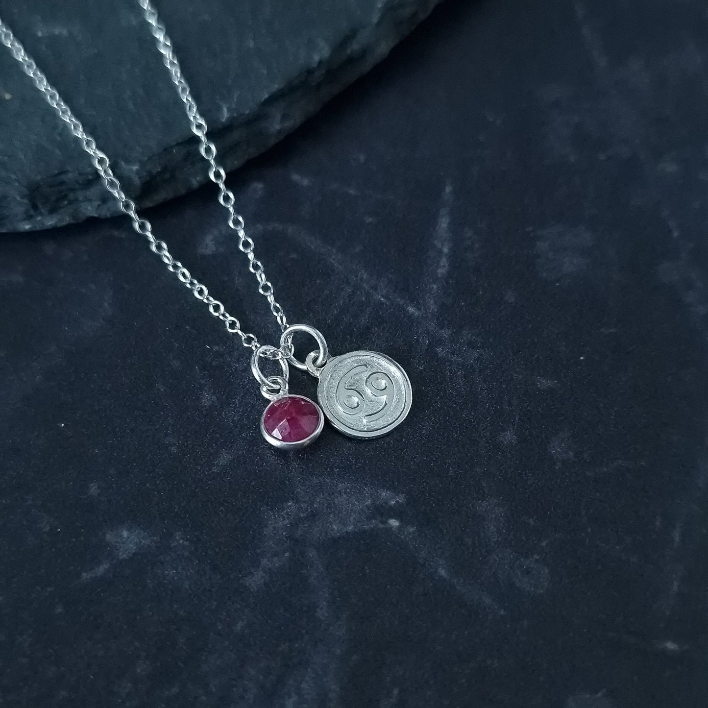 Cancer Zodiac Ruby Birthstone Necklace for Women - Silver Astrology and July Birthday Gift