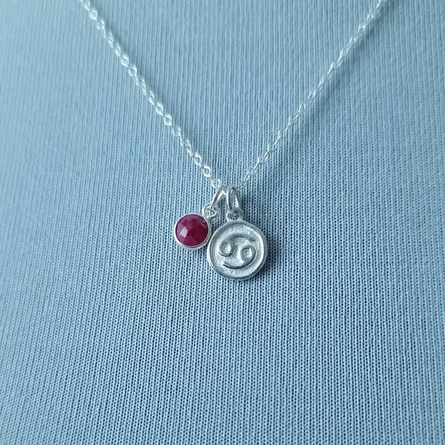 Cancer Zodiac Ruby Birthstone Necklace for Women - Silver Astrology and July Birthday Gift