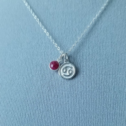 Cancer Zodiac Ruby Birthstone Necklace for Women - Silver Astrology and July Birthday Gift