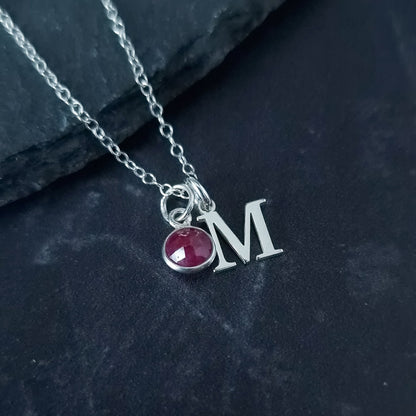 marienicolebijoux Sterling Silver Ruby Birthstone Initial Necklace July