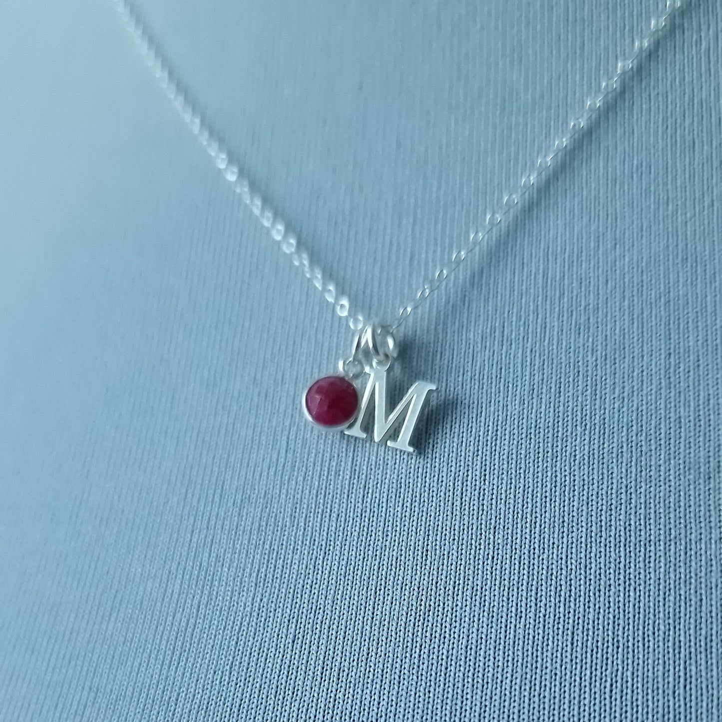 marienicolebijoux Sterling Silver Ruby Birthstone Initial Necklace July