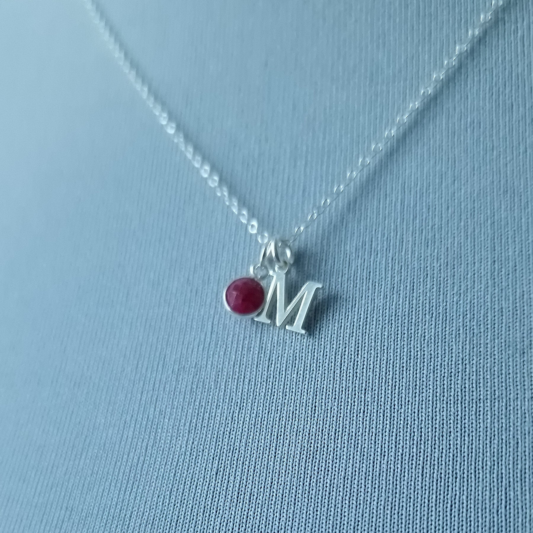 marienicolebijoux Sterling Silver Ruby Birthstone Initial Necklace July