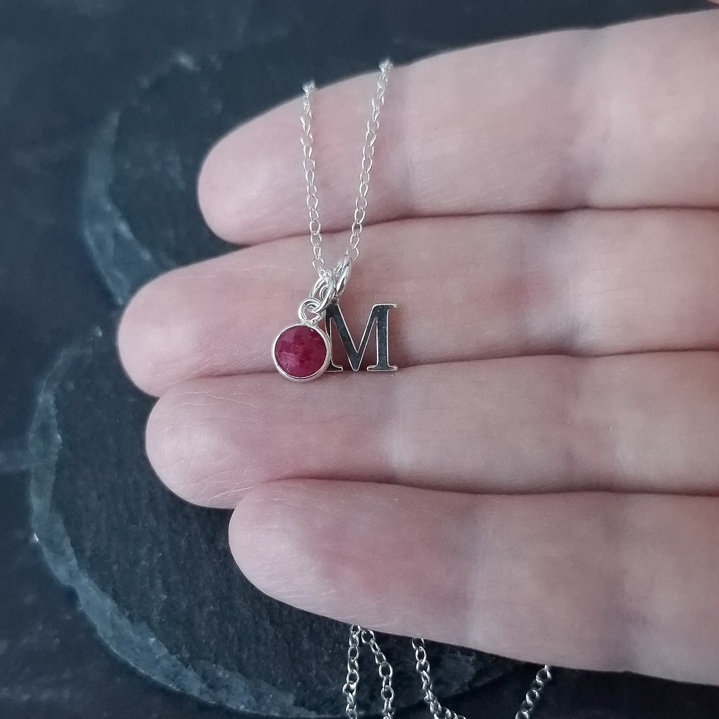 marienicolebijoux Sterling Silver Ruby Birthstone Initial Necklace July