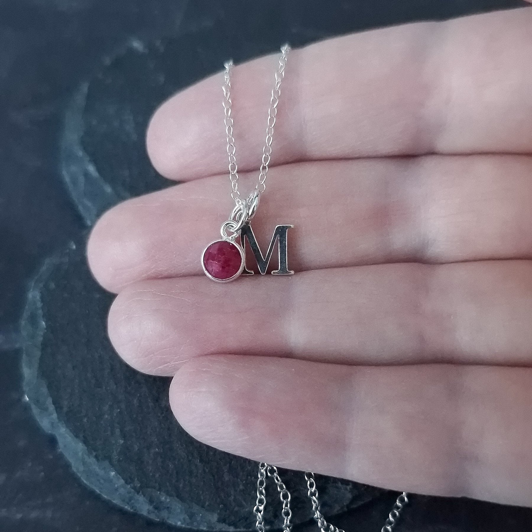 marienicolebijoux Sterling Silver Ruby Birthstone Initial Necklace July