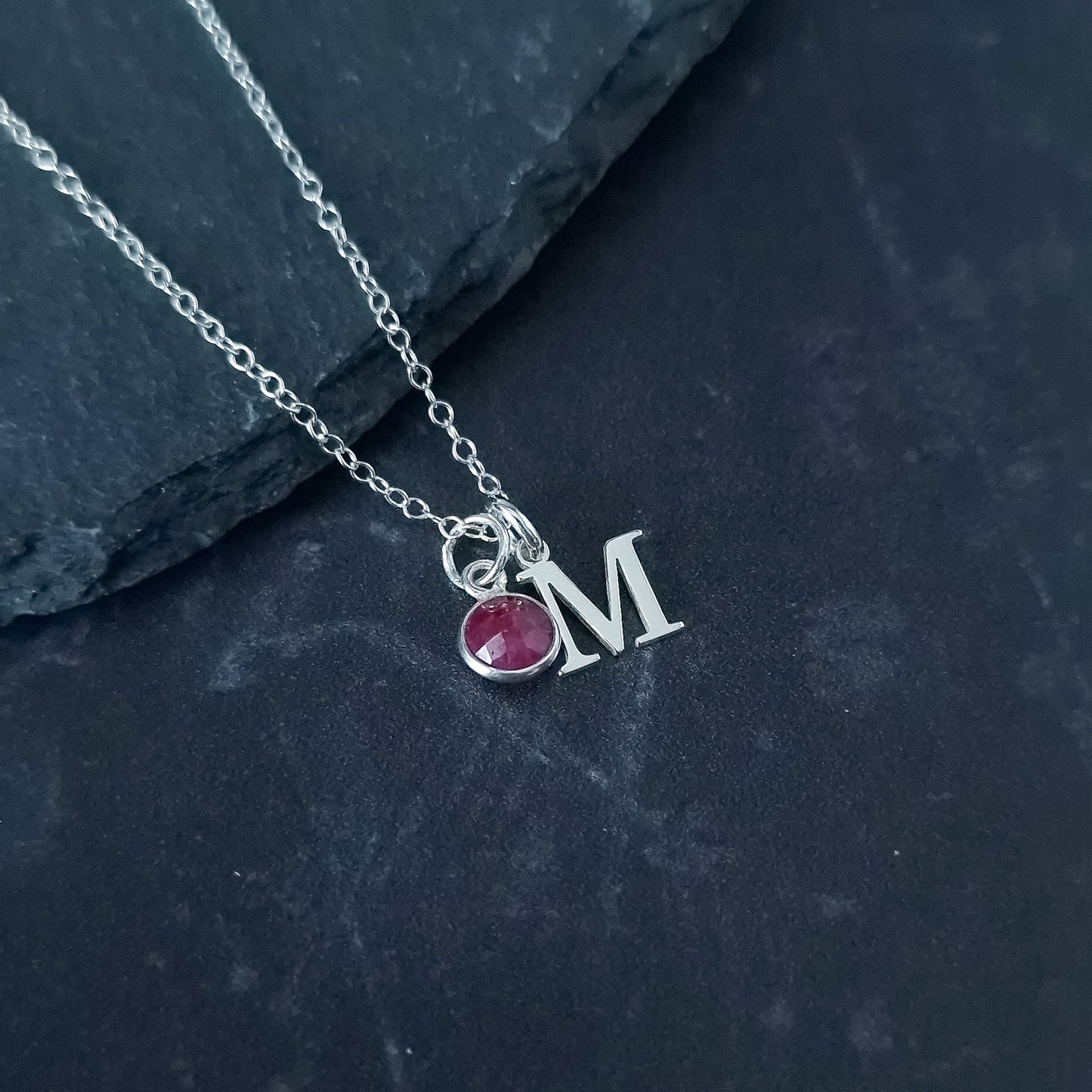 marienicolebijoux Sterling Silver Ruby Birthstone Initial Necklace July