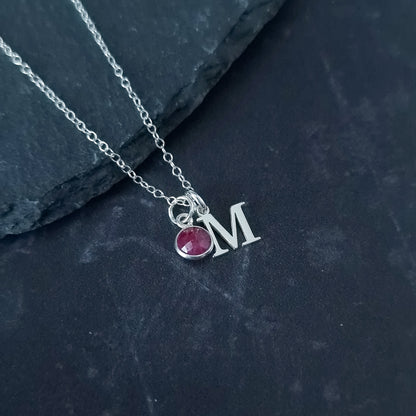 marienicolebijoux Sterling Silver Ruby Birthstone Initial Necklace July