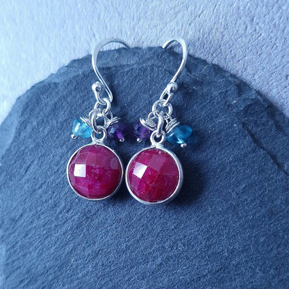 July Birthstone Ruby Dangle Earrings - Silver Gemstone Drop Earrings for Cancer Zodiac and Anniversary Gift