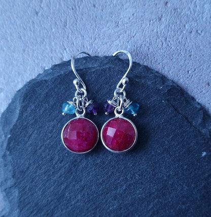 July Birthstone Ruby Dangle Earrings - Silver Gemstone Drop Earrings for Cancer Zodiac and Anniversary Gift