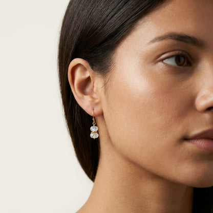 Close up profile of woman wearing a moonstone drop earring in gold vermeil silver