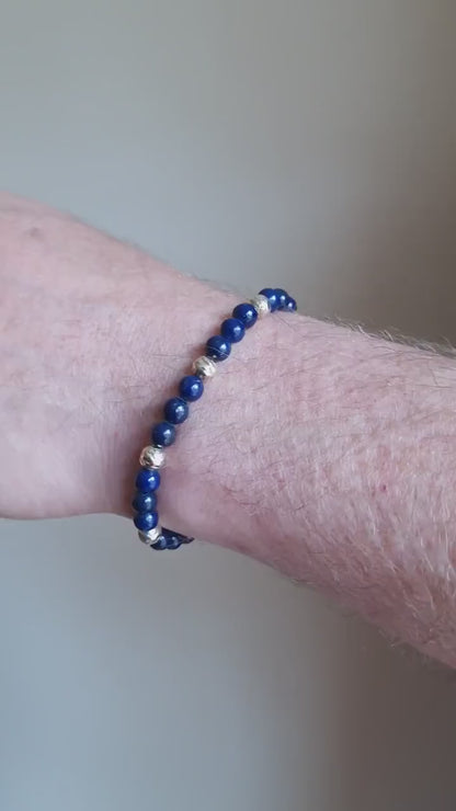 Lapis Lazuli beaded sterling silver gemstone bracelet for men