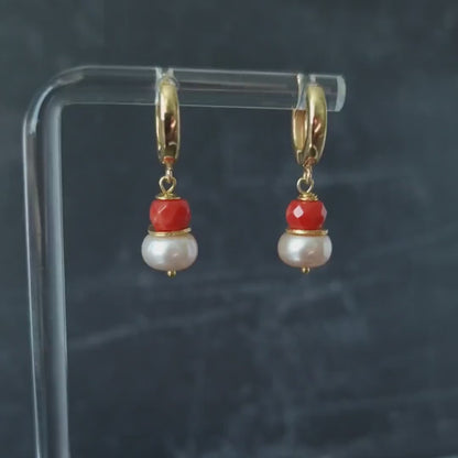 Blush Pearl and Coral Huggie Hoop Earring Gold Vermeil