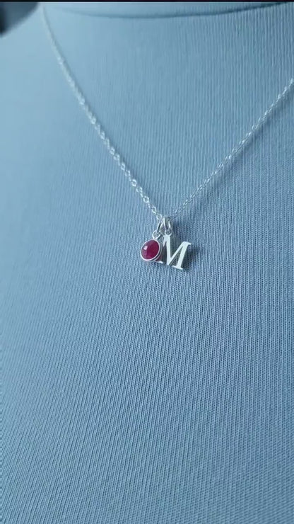 Personalised Ruby Initial Necklace in Sterling Silver – July Birthstone Pendant