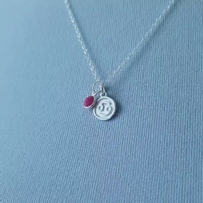 Cancer Zodiac Ruby Birthstone Necklace for Women - Silver Astrology and July Birthday Gift