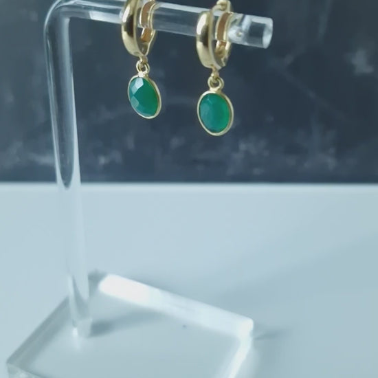 Green Onyx Huggie Hoop Earrings in Gold Vermeil Silver - dainty facetted oval green Onyx gemstones hang off gold vermeil silver huggie hoop earrings.  