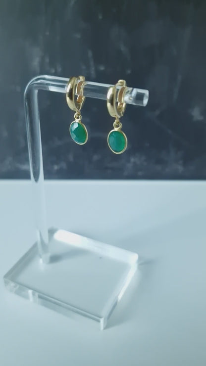 Green Onyx Huggie Hoop Earrings in Gold Vermeil Silver - dainty facetted oval green Onyx gemstones hang off gold vermeil silver huggie hoop earrings.  