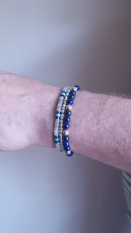 Luxury Mens Sterling Silver Bracelet Set with Turquoise Lapis and Labradorite Stones - Three Piece Stack