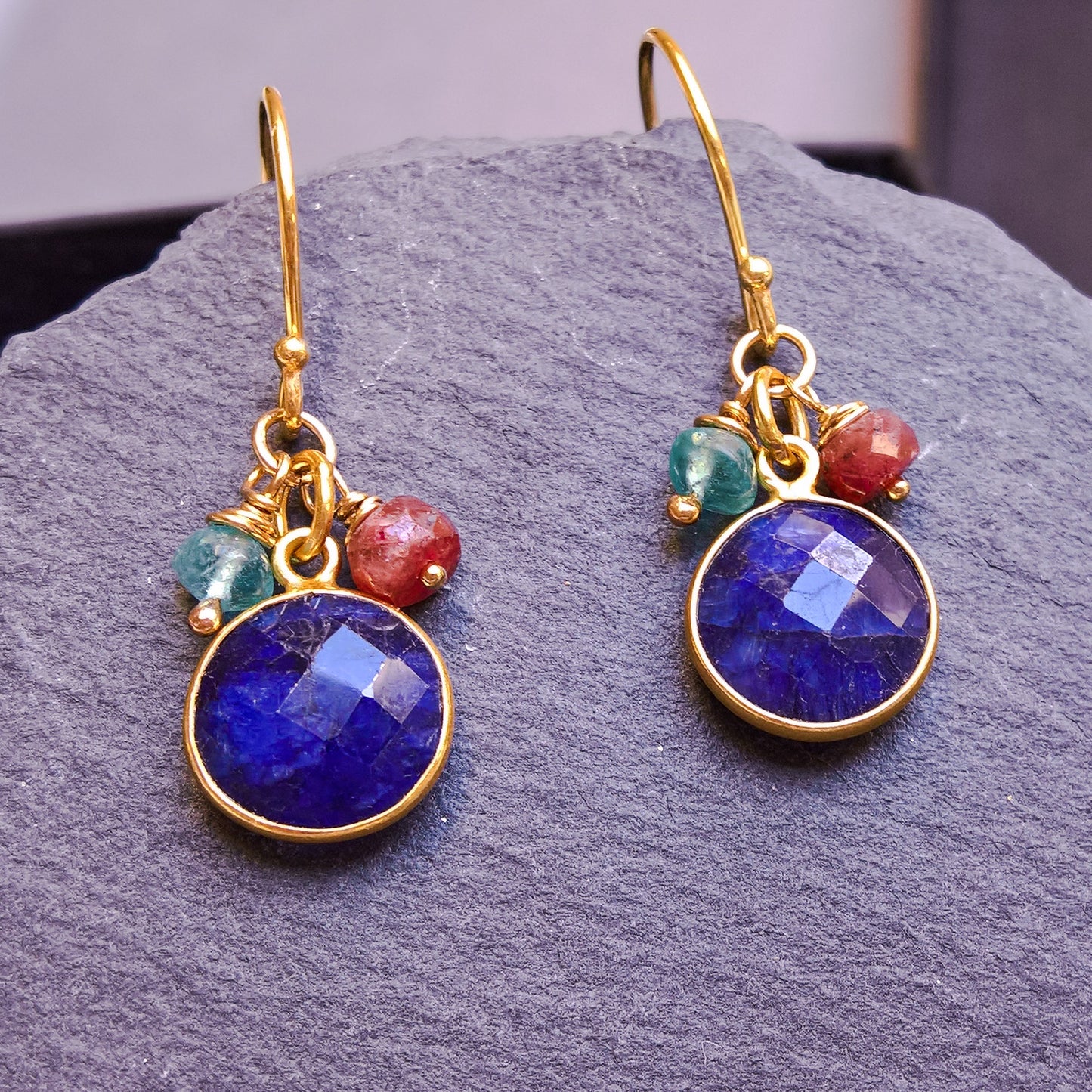 Blue sapphire gold vermeil silver dangle earrings
