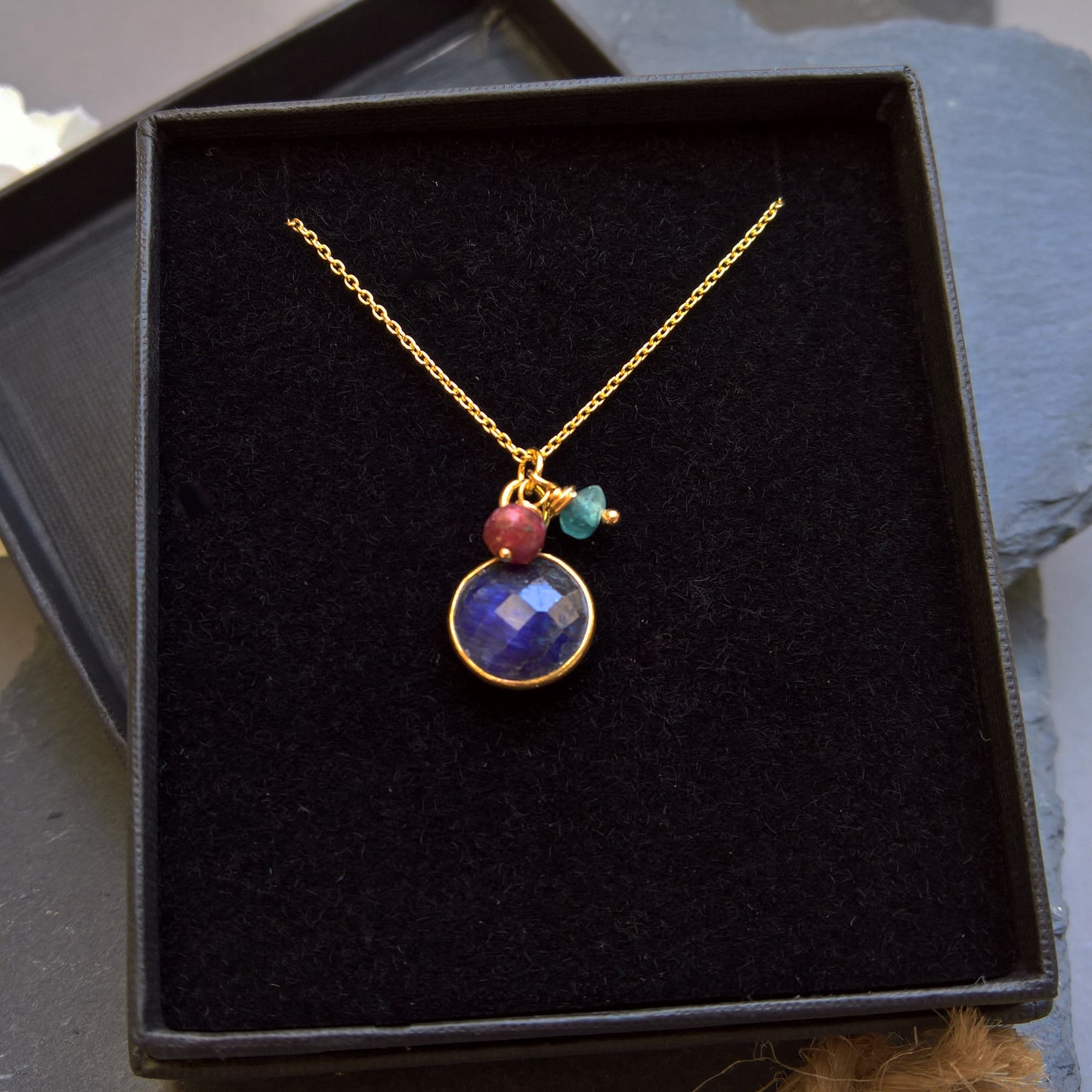 Blue sapphire circle pendant necklace in gold vermeil silver