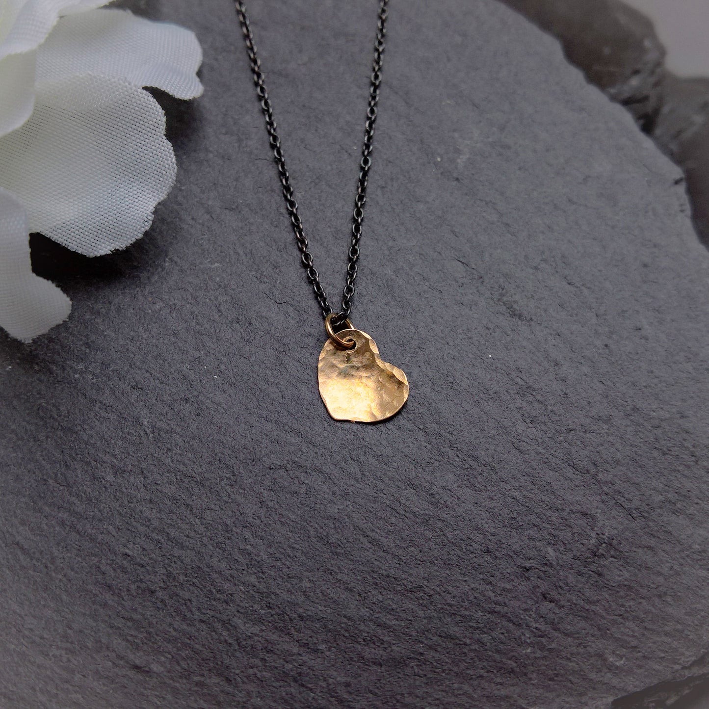 Dainty gold heart pendant on oxidized silver chain necklace