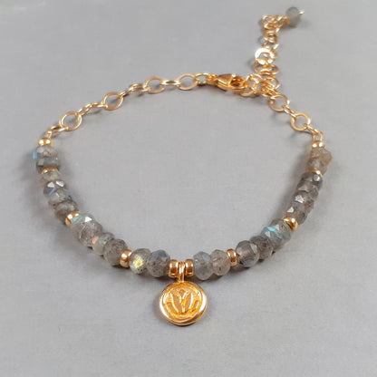 Labrodorite lotus single strand bracelet in gold filled