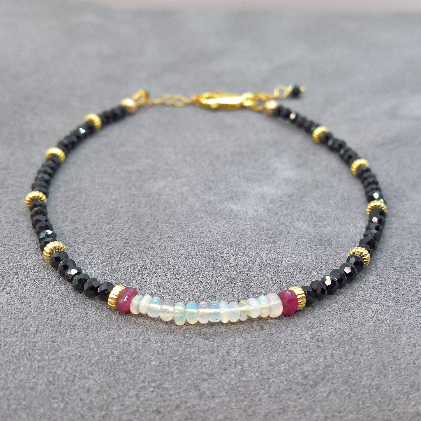Black Spinel and opal adjustable bracelet - dainty skinny bracelet