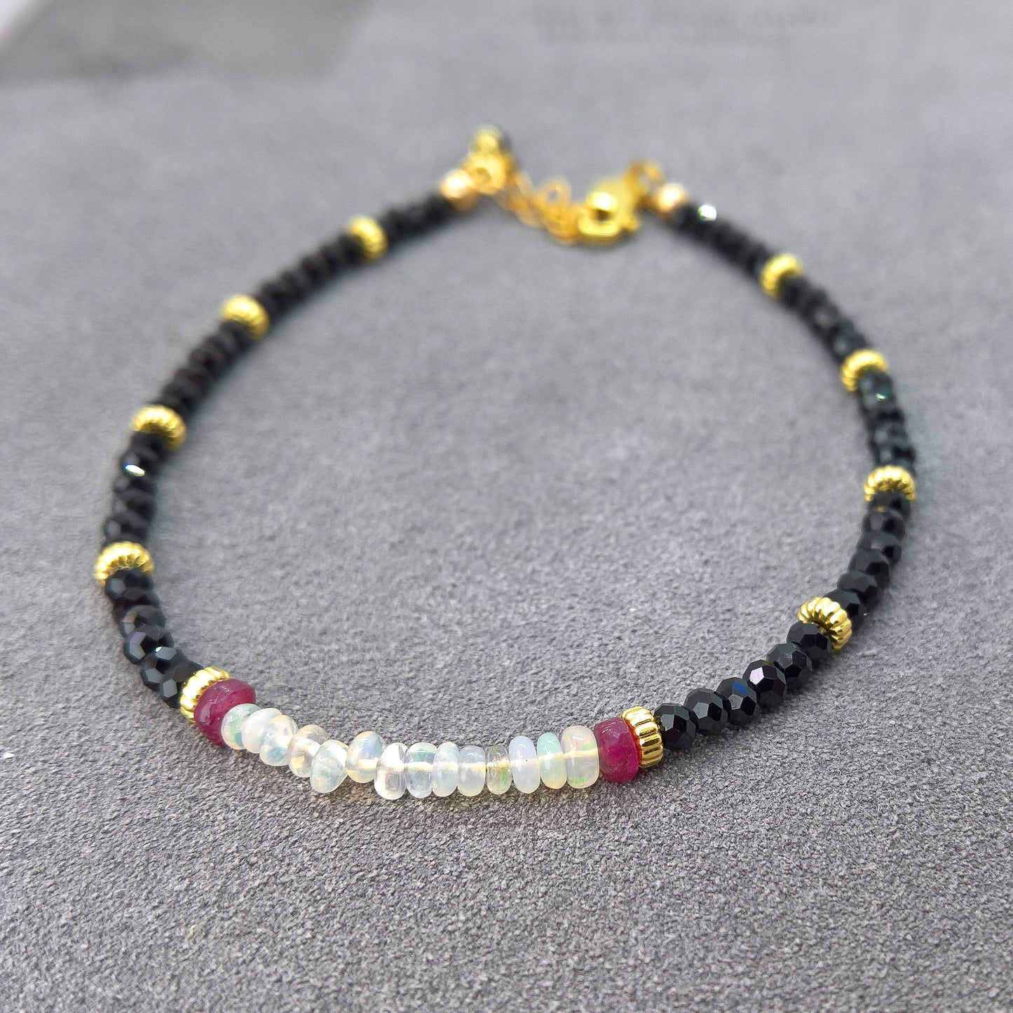 Black Spinel and opal adjustable bracelet - dainty skinny bracelet