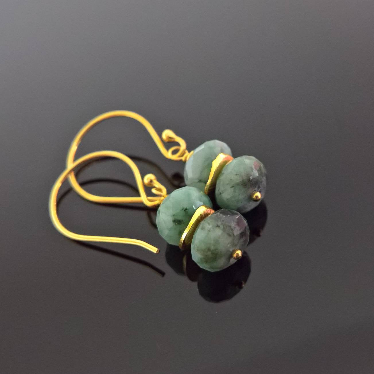 Raw emerald drop earrings in gold vermeil